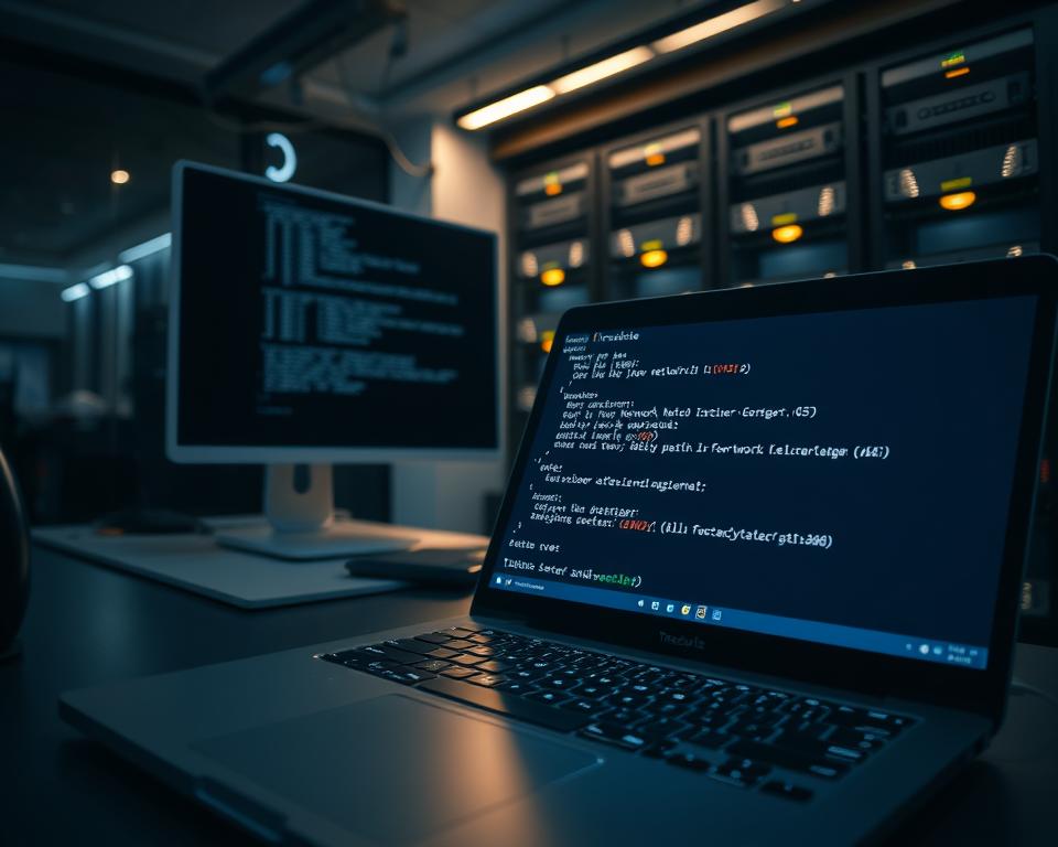 A dimly lit modern office workspace, with a sleek desk and a high-resolution monitor displaying a terminal window. The terminal shows the output of a traceroute command, tracing the network path to a remote server. In the foreground, a close-up view of a laptop, its screen displaying a network diagram with node connections and latency information. The background features a network rack with blinking indicator lights, casting a soft glow throughout the scene. The overall atmosphere conveys the technical nature of network troubleshooting, with a focus on the traceroute tool and its role in understanding network paths.