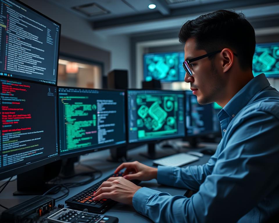 A modern workspace featuring a high-end computer setup with multiple monitors displaying complex terminal windows and network diagrams related to DNS traffic analysis. In the foreground, a focused IT professional in smart casual attire is typing commands, with glowing lines of code reflecting on their glasses, emphasizing an intense monitor DNS traffic session. The middle ground includes close-up shots of hardware components like a network interface card and various computer components, while the background reveals a well-organized office with digital screens showcasing eBPF visualizations. Soft, focused lighting accentuates the technical details, while a moody atmosphere evokes a sense of deep concentration and innovation in network monitoring.