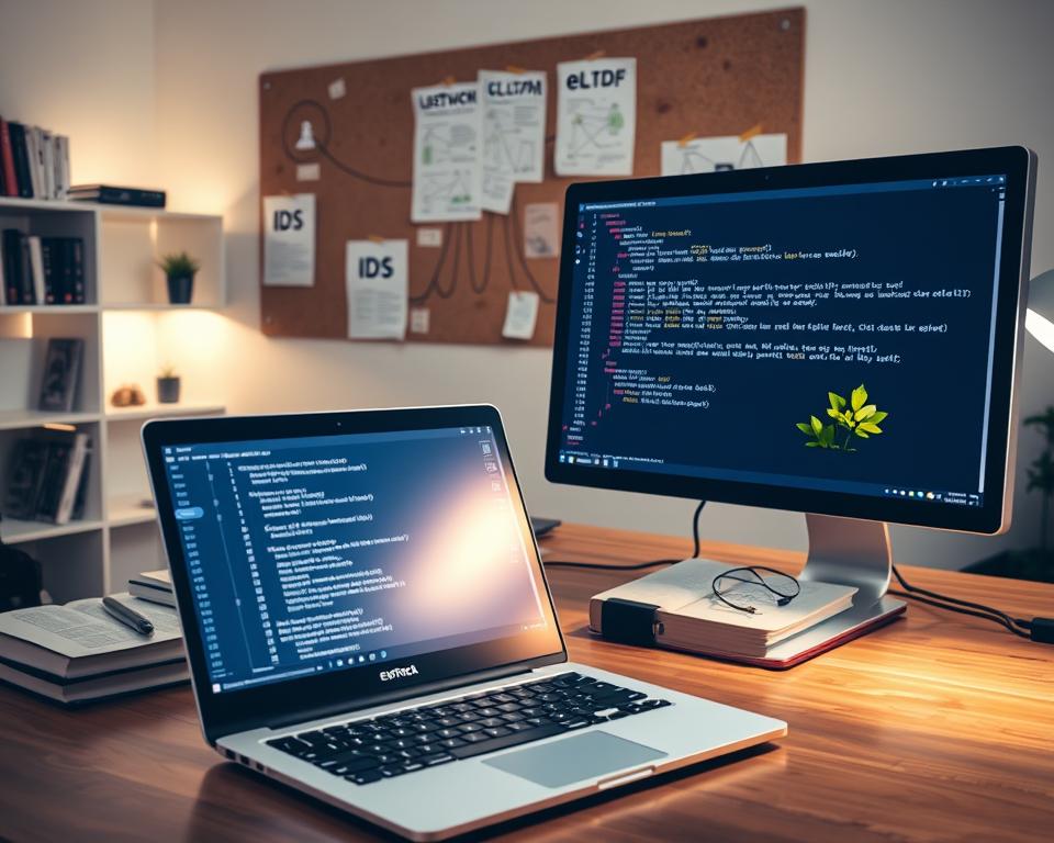 A modern workspace featuring an illuminated computer screen displaying a terminal window with an open eBPF program code. In the foreground, a sleek laptop sits on a wooden desk, surrounded by reference books on Linux and network security. The middle layer features network diagrams pinned on a corkboard, showcasing data flow and IDS signals. The background reveals a softly lit office with shelves of technical manuals and a potted plant, creating a calm, focused atmosphere. The lighting is a warm white, casting gentle reflections on the desk surfaces. Capture the essence of coding and network analysis, evoking a sense of innovation and professionalism, as if a skilled developer is at work.