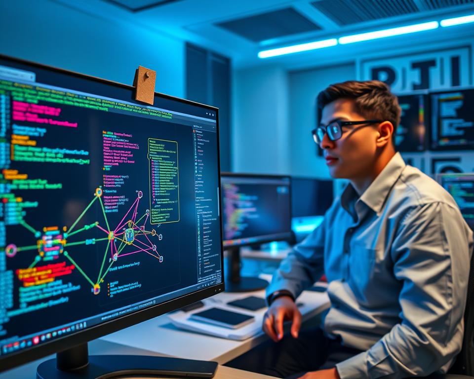 A modern workspace showcasing an eBPF program in action, with a clean desk featuring a high-resolution monitor displaying terminal windows filled with colorful code snippets and system traces. In the foreground, capture a close-up of a network diagram pinned on a corkboard, illustrating the flow of data and system calls. The middle layer should include a professional software engineer, dressed in smart casual attire, intently analyzing the screen, with subtle reflections of code on their glasses. The background features a sleek workstation with ambient lighting, soft blue tones creating a tech-savvy atmosphere, and additional monitors displaying system performance metrics. The overall mood is professional and focused, emphasizing innovation and deep technical engagement in system tracing using eBPF. A modern workspace showcasing an eBPF program in action, with a clean desk featuring a high-resolution monitor displaying terminal windows filled with colorful code snippets and system traces. In the foreground, capture a close-up of a network diagram pinned on a corkboard, illustrating the flow of data and system calls. The middle layer should include a professional software engineer, dressed in smart casual attire, intently analyzing the screen, with subtle reflections of code on their glasses. The background features a sleek workstation with ambient lighting, soft blue tones creating a tech-savvy atmosphere, and additional monitors displaying system performance metrics. The overall mood is professional and focused, emphasizing innovation and deep technical engagement in system tracing using eBPF.