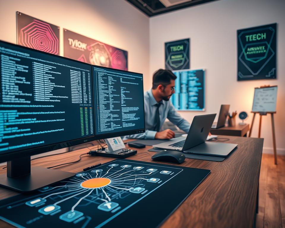 A modern workspace depicting kernel performance analysis, featuring a sleek desk with a high-resolution monitor displaying intricate terminal windows filled with code and performance metrics. In the foreground, a close-up of a network diagram illustrating data flow between devices. The middle layer showcases an engineer (wearing professional attire) intently analyzing kernel tuning parameters on the screen, surrounded by essential tools like a laptop, hardware components, and a small whiteboard with performance notes. In the background, a softly lit room with vibrant tech-themed posters and a calming atmosphere, emphasizing a sense of focus and precision. The lighting is warm and inviting, creating a professional, productive environment, shot from a slightly elevated angle to capture the full essence of the workspace.