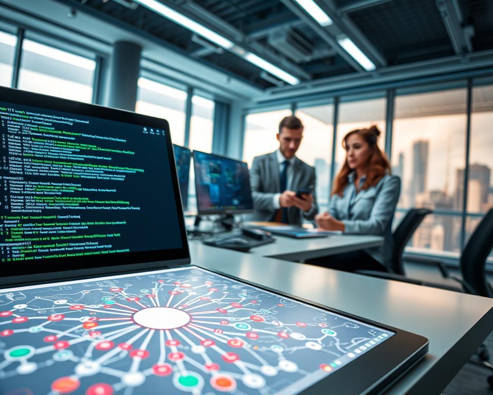 A modern workspace featuring a sleek desk with a high-end laptop displaying a terminal window filled with intricate eBPF program code. In the foreground, focus on a close-up of a network diagram, highlighting packet flow and data paths, with vibrant colors illustrating connections. The middle ground includes a professional, diverse team of IT engineers collaborating, dressed in business casual attire, displaying expressions of concentration and teamwork. The background showcases a softly lit office with tech gadgets, monitors showing real-time traffic statistics, and a large window revealing a cityscape bathed in gentle morning light. The atmosphere conveys innovation and focus, emphasizing the importance of DDoS protection with eBPF technology. A modern workspace featuring a sleek desk with a high-end laptop displaying a terminal window filled with intricate eBPF program code. In the foreground, focus on a close-up of a network diagram, highlighting packet flow and data paths, with vibrant colors illustrating connections. The middle ground includes a professional, diverse team of IT engineers collaborating, dressed in business casual attire, displaying expressions of concentration and teamwork. The background showcases a softly lit office with tech gadgets, monitors showing real-time traffic statistics, and a large window revealing a cityscape bathed in gentle morning light. The atmosphere conveys innovation and focus, emphasizing the importance of DDoS protection with eBPF technology.