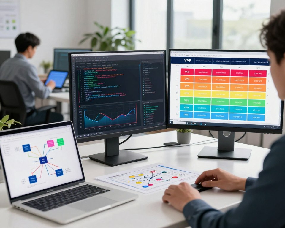 A modern workspace featuring a sleek desk with a high-resolution monitor displaying a colorful grid of VPS pricing tiers and descriptions. In the foreground, close-up shots of a laptop and network diagrams with color-coded plans. To the middle, a computer terminal window open, featuring Linux command lines and graphs showing performance metrics for various VPS plans. In the background, an office space with soft, natural lighting pouring in from large windows, potted plants, and professional business attire of a focused individual analyzing data on a tablet. The atmosphere is collaborative, emphasizing innovation and the importance of making informed choices in VPS services for Linux development.