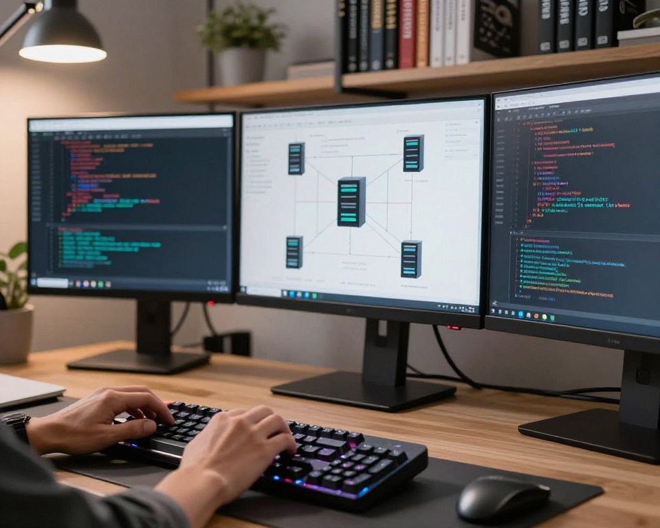 A modern workspace featuring a sleek, high-tech desk with dual monitors displaying terminal windows filled with coding and system configuration commands. In the foreground, a close-up of a hand typing on a mechanical keyboard, emphasizing control and customization aspects. The middle ground shows a network diagram illustrating server connections and data flow, enhancing the theme of root access. The background contains bookshelves lined with technical manuals and a potted plant adding a touch of professionalism. Soft, warm lighting from a desk lamp creates a focused atmosphere, while a slight depth of field draws attention to the keyboard and screens, suggesting an engaged and productive environment.