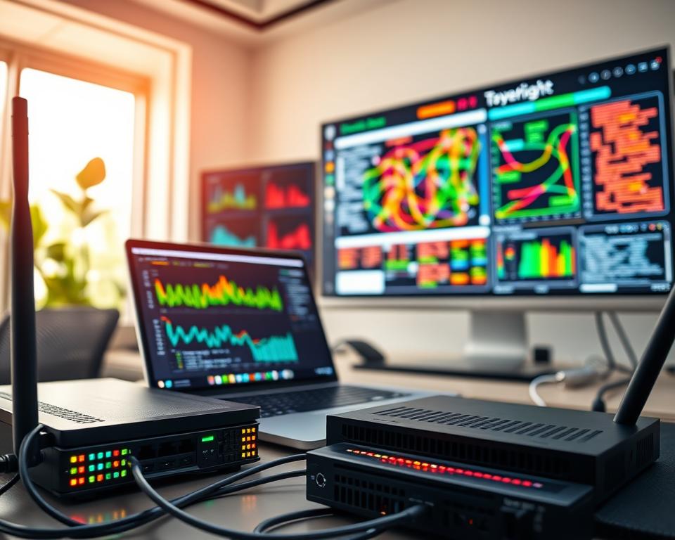 A modern workspace setting featuring a sleek desk with a high-end laptop displaying terminal windows filled with colorful graphs and statistics for HTTP and wireless data. In the foreground, close-up shots of networking hardware, such as routers and antennas, are visible, showcasing LED indicators. The middle ground contains a large screen depicting network diagrams and insights, with data flows illustrated in vibrant colors. The background is a bright office environment with light streaming through a window, creating a motivating atmosphere. The image captures a blend of technology and analysis, emphasizing the professional nature of packet capturing and network monitoring. The overall mood is focused and insightful, conveying a sense of innovation and discovery in data analytics.
