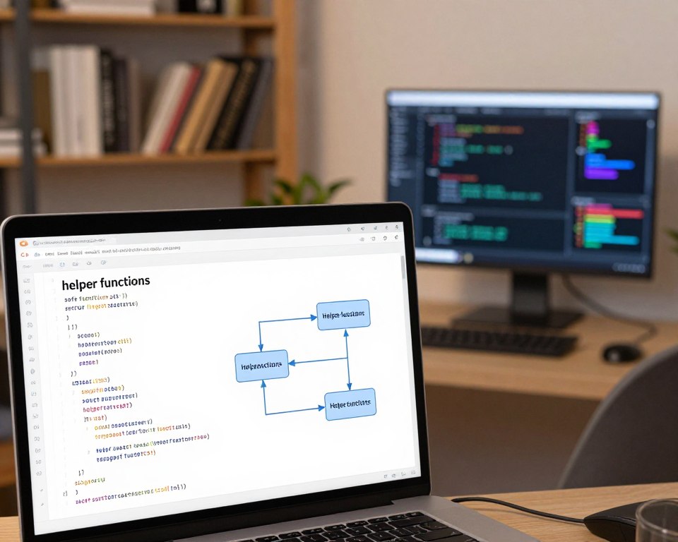 A modern, professional workspace showcasing the concept of "helper functions" in coding. In the foreground, a close-up of a computer terminal window displaying clean, organized code snippets, illustrating safe function calls. In the middle, a network diagram depicting interconnected system components, emphasizing secure data flow between helper functions. In the background, shelves filled with technical books and a sleek monitor displaying colorful graphical representations of code execution processes. Soft, warm lighting creates a focused, productive atmosphere, while a slight bokeh effect on the background adds depth. The overall mood should convey expertise and security in software development without any human presence, emphasizing a clean and efficient workspace.