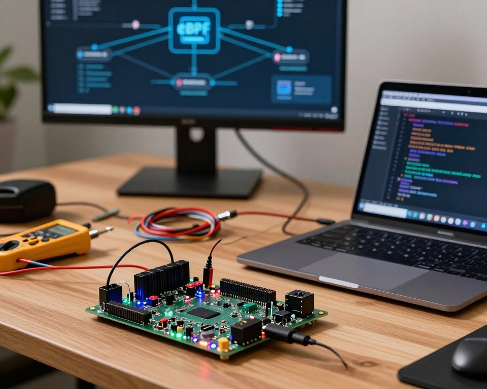 A modern workspace featuring a Raspberry Pi setup as the focal point, placed on a clean wooden desk. In the foreground, close-up of the Raspberry Pi connected to various peripherals, with colorful LED lights illuminating the board. A laptop is open next to it, showing a terminal window with source code and configuration details displayed on the screen. In the middle ground, neatly arranged tools like a soldering iron, wires, and a multimeter. In the background, a large wall-mounted monitor displays a network diagram illustrating eBPF architecture and connections. Soft, diffused lighting creates a focused and professional atmosphere, highlighting the intricate details of the setup, inviting viewers into the world of technology and programming.