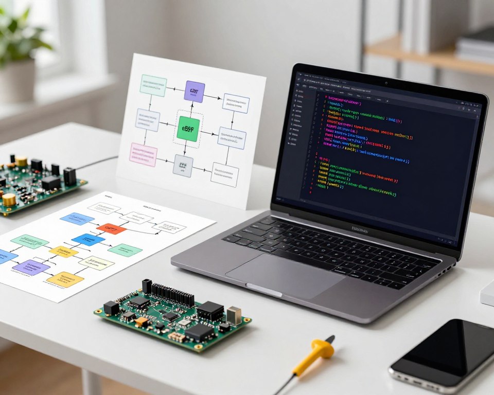 A modern workspace featuring a sleek laptop displaying a terminal window filled with intricate eBPF program code, highlighted in vibrant colors. In the foreground, a close-up view of a microcontroller setup, representing ARM architecture, with small circuit boards and tools for development. The middle ground includes detailed network diagrams and flowcharts illustrating the eBPF workflow, arranged neatly on a stylish desk alongside hardware components. The background has soft, diffused lighting to create a focused, tech-savvy atmosphere, with a hint of greenery visible through a window to evoke a sense of innovation. The scene should feel professional and inviting, emphasizing a minimalist yet efficient environment for building a toolchain on small filesystems. A modern workspace featuring a sleek laptop displaying a terminal window filled with intricate eBPF program code, highlighted in vibrant colors. In the foreground, a close-up view of a microcontroller setup, representing ARM architecture, with small circuit boards and tools for development. The middle ground includes detailed network diagrams and flowcharts illustrating the eBPF workflow, arranged neatly on a stylish desk alongside hardware components. The background has soft, diffused lighting to create a focused, tech-savvy atmosphere, with a hint of greenery visible through a window to evoke a sense of innovation. The scene should feel professional and inviting, emphasizing a minimalist yet efficient environment for building a toolchain on small filesystems.