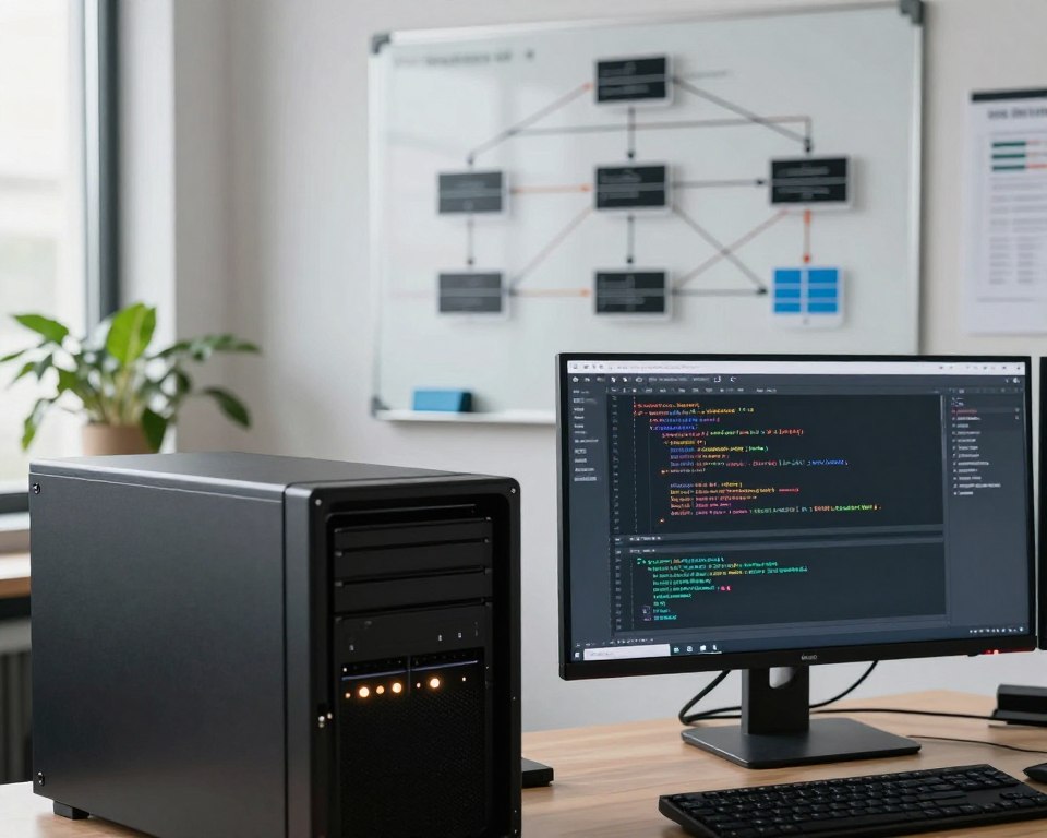 A modern workspace focused on server optimization, featuring a sleek, high-tech web server in the foreground, with illuminated status lights providing a warm glow. In the middle, a computer monitor displays a terminal window filled with lines of code and network configuration details, emphasizing the Linux command line interface. To the back, a detailed network diagram pinned to a whiteboard highlights the web stack architecture, showcasing connections between servers and databases. Soft, natural lighting filters in from a window, creating a clean, professional atmosphere, while a potted plant adds a touch of greenery. The angle of the shot is slightly above eye level, capturing the workspace's organized and efficient layout, immersing viewers in a technical yet inviting environment.