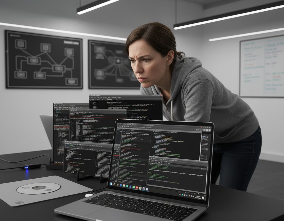 A modern workspace illustrating a "chroot live environment recovery" scene. In the foreground, display a laptop screen filled with terminal windows showing command-line inputs related to Linux recovery processes. Include close-up shots of hardware components like a USB drive and a live boot disk, reflecting a tech-savvy atmosphere. The middle ground features a professional in modest casual clothing, focused on the screen, with concentrated expressions conveying troubleshooting efforts. In the background, incorporate a wall with network diagrams and setup instructions, softly illuminated by ambient overhead lighting to create a calm yet productive environment. Use a slightly blurred perspective to emphasize the main scene while maintaining a clean, organized look typical of a tech workspace, suggesting an atmosphere of problem-solving and recovery.