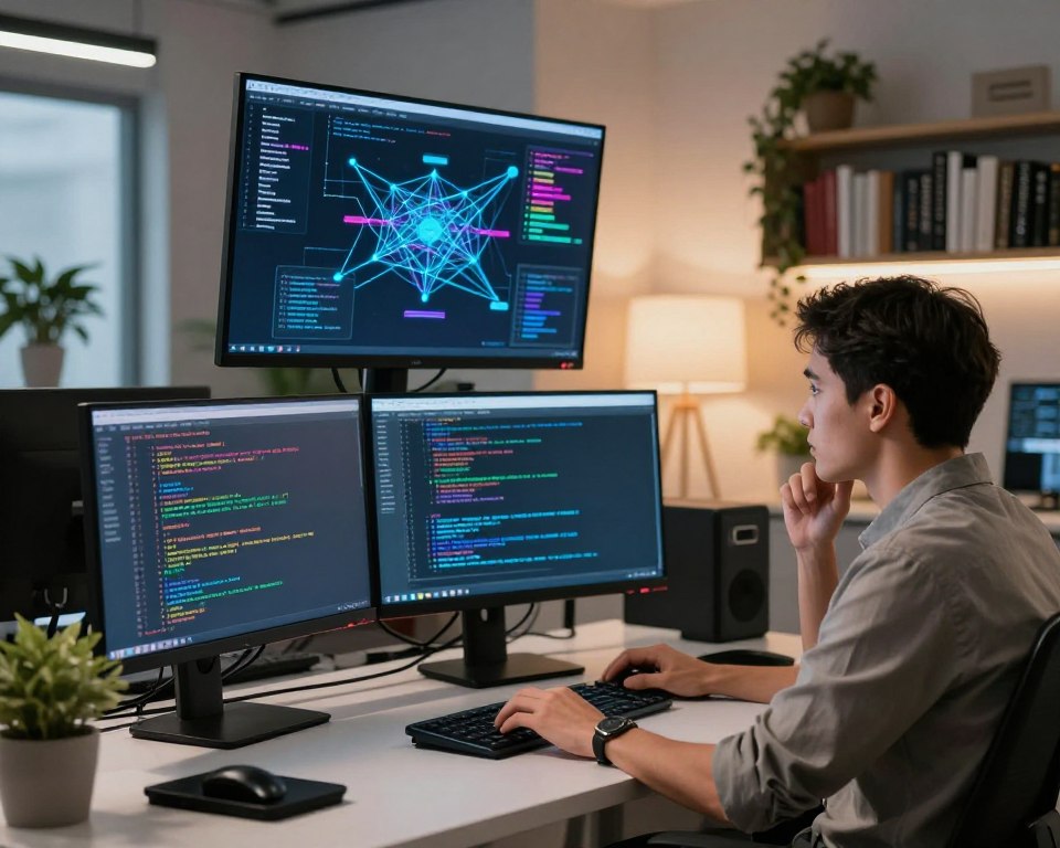 A modern office workspace featuring a sleek computer desk with multiple monitors displaying colorful terminal windows filled with authentication logs and command outputs. In the foreground, a focused IT professional in smart casual attire, analyzing the information on the screens, with a thoughtful expression. The middle layer includes a large monitor showing an intricate network diagram, highlighting connections and data flow. The background features soft, ambient lighting that enhances a tech-savvy atmosphere, with potted plants and an organized bookshelf filled with programming books. The scene captures a sense of diligence and professionalism, emphasizing the analytical process of reviewing system logs in a Linux environment.