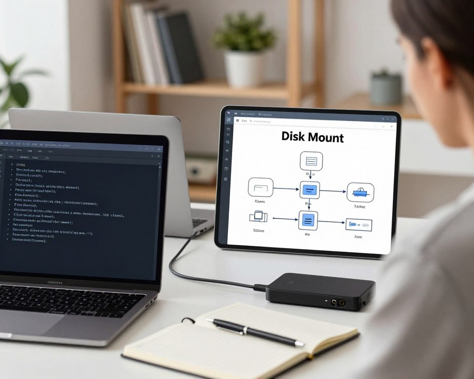 A modern workspace depicting a step-by-step guide to resolving disk mount issues. In the foreground, a high-resolution close-up of a computer terminal window displaying diagnostic commands related to disk partitioning, flanked by a sleek laptop and external hard drive showcasing connections. In the middle ground, an organized desk with a notebook and a pen, with visuals of flowcharts and network diagrams illustrating the mounting process. The background features a softly lit room with shelves of tech books and a potted plant, creating a calm and professional atmosphere. The lighting is bright but soft, giving the scene a tech-savvy, instructional feel. Ensure that any human subjects are dressed in smart casual attire, focusing on engagement in the task.
