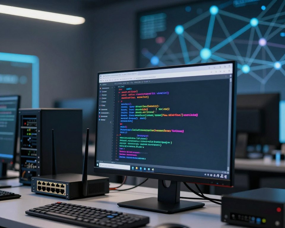 A modern workspace featuring a close-up of a computer terminal displaying the "ss" command socket statistics in detail. The terminal window should be filled with colorful text and clear, structured outputs showcasing network connections and transport layer information. Surrounding the terminal, include sleek hardware components like network routers and switches. In the background, an abstract network diagram, subtly integrated, illustrates data flow and connection points. Soft, ambient overhead lighting highlights the workspace, while a shallow depth of field blurs the background slightly, emphasizing the terminal. The atmosphere should convey a sense of high-tech professionalism and focus, ideal for troubleshooting and service analysis in a Linux environment.