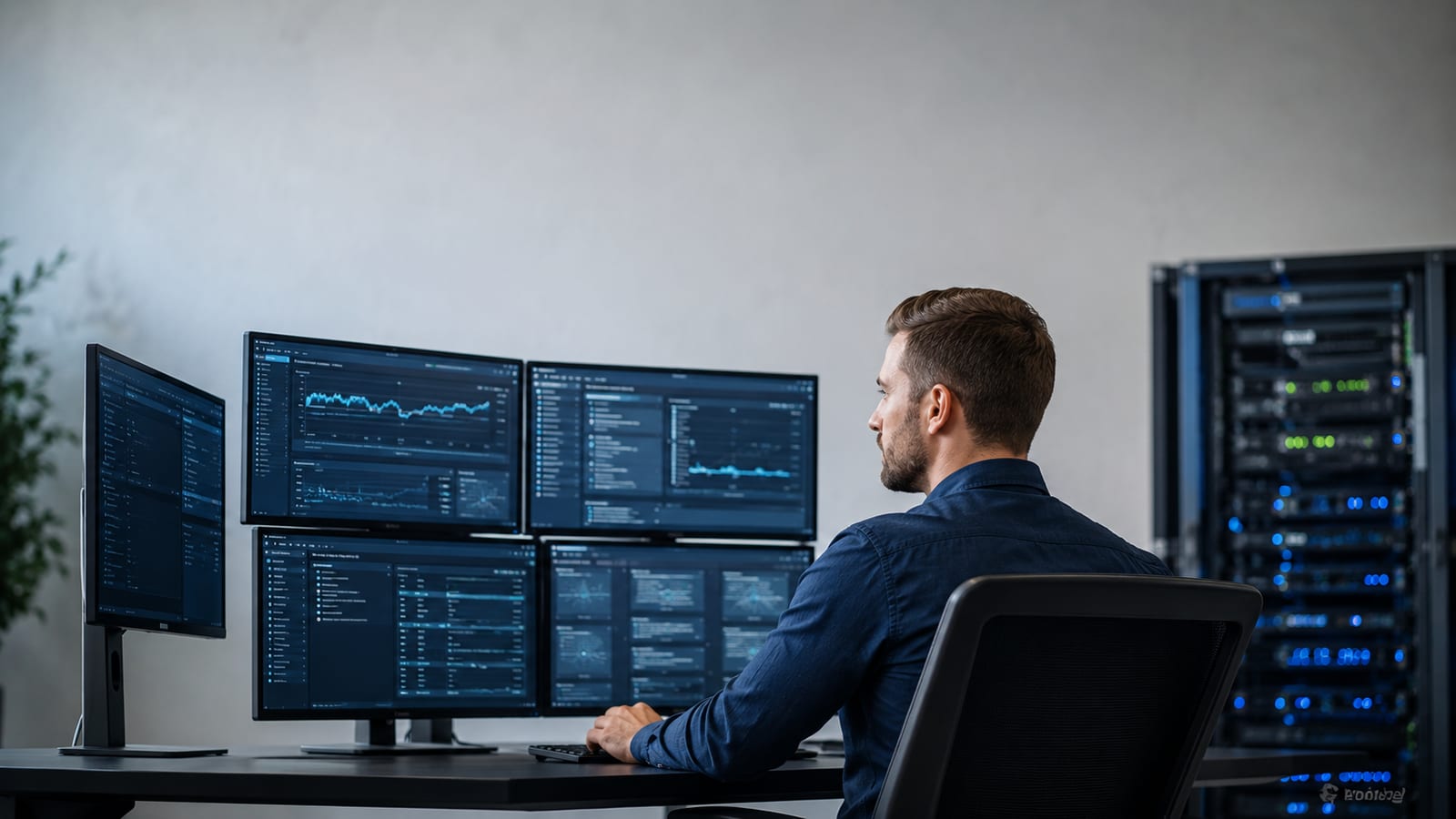 System administrator reviewing server diagnostics and logs on computer monitors