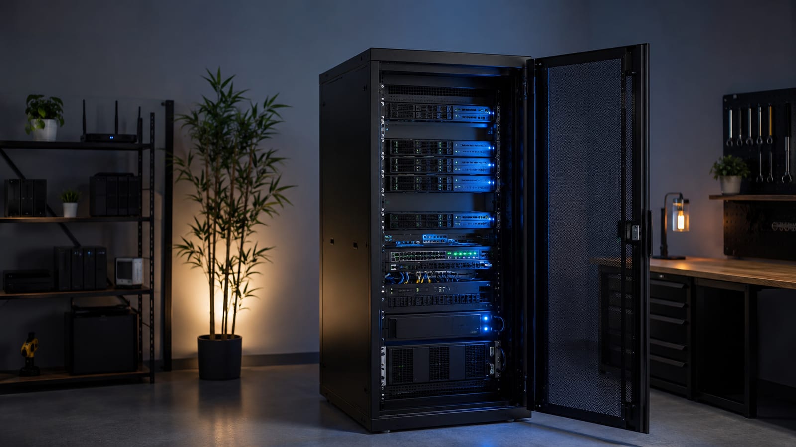 How to Safely Blacklist Kernel Modules: Best Practices displayed in open rack-mount server cabinet with blue LED lighting
