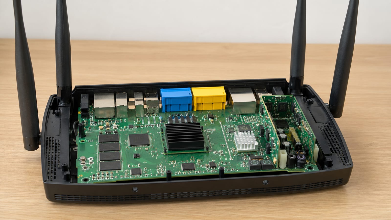 Build BPF Toolchain on OpenWRT router internals with four antennas exposed on wooden surface