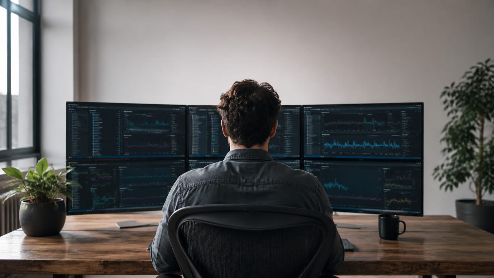 Developer at desk monitoring performance metrics on multiple screens from behind