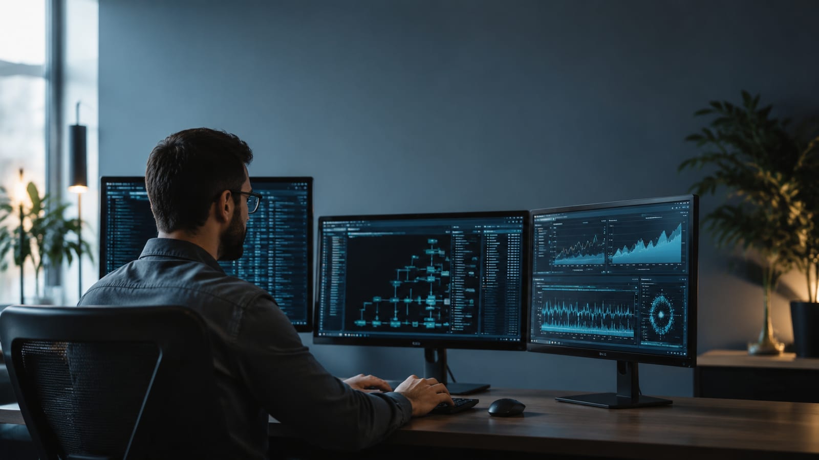 System administrator monitoring multiple displays with Linux performance metrics