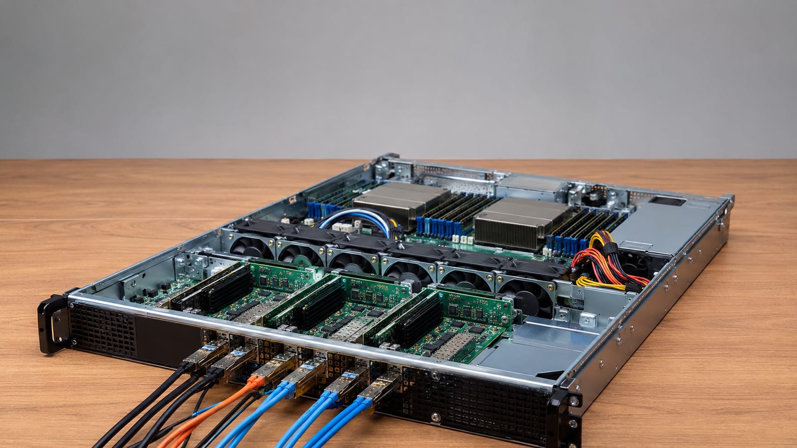 Open server chassis with network interface cards and cables, illustrating kernel-level observation of VPN packets