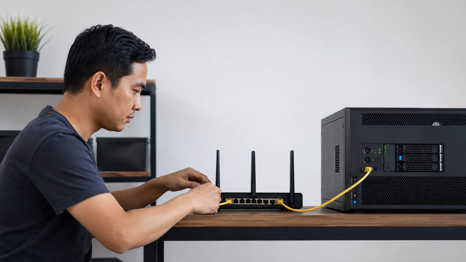 Technician in profile connecting an unlabeled router and Linux server for bandwidth and latency testing
