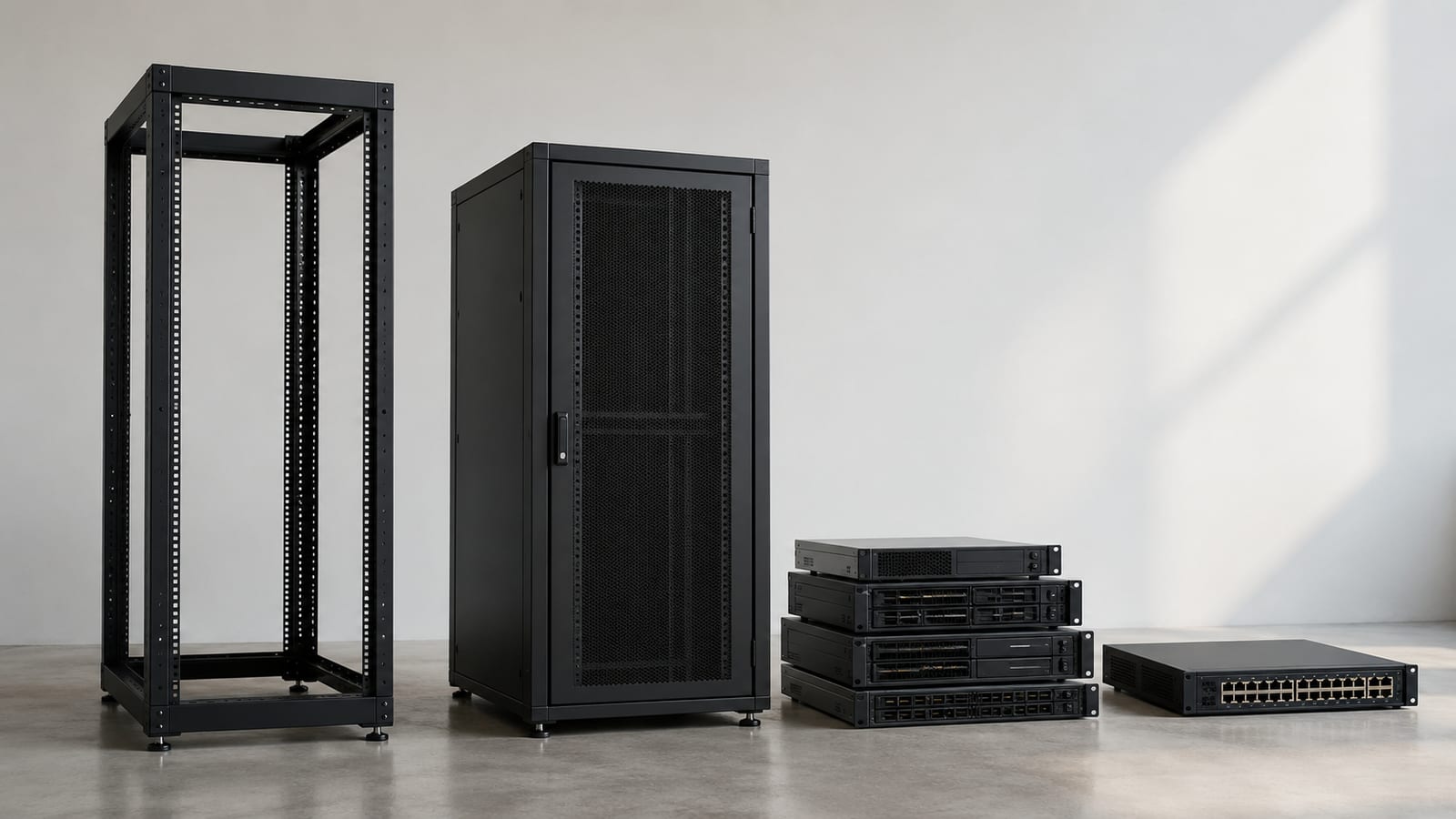 Different rack hardware beside open and enclosed cabinets showing mounting compatibility