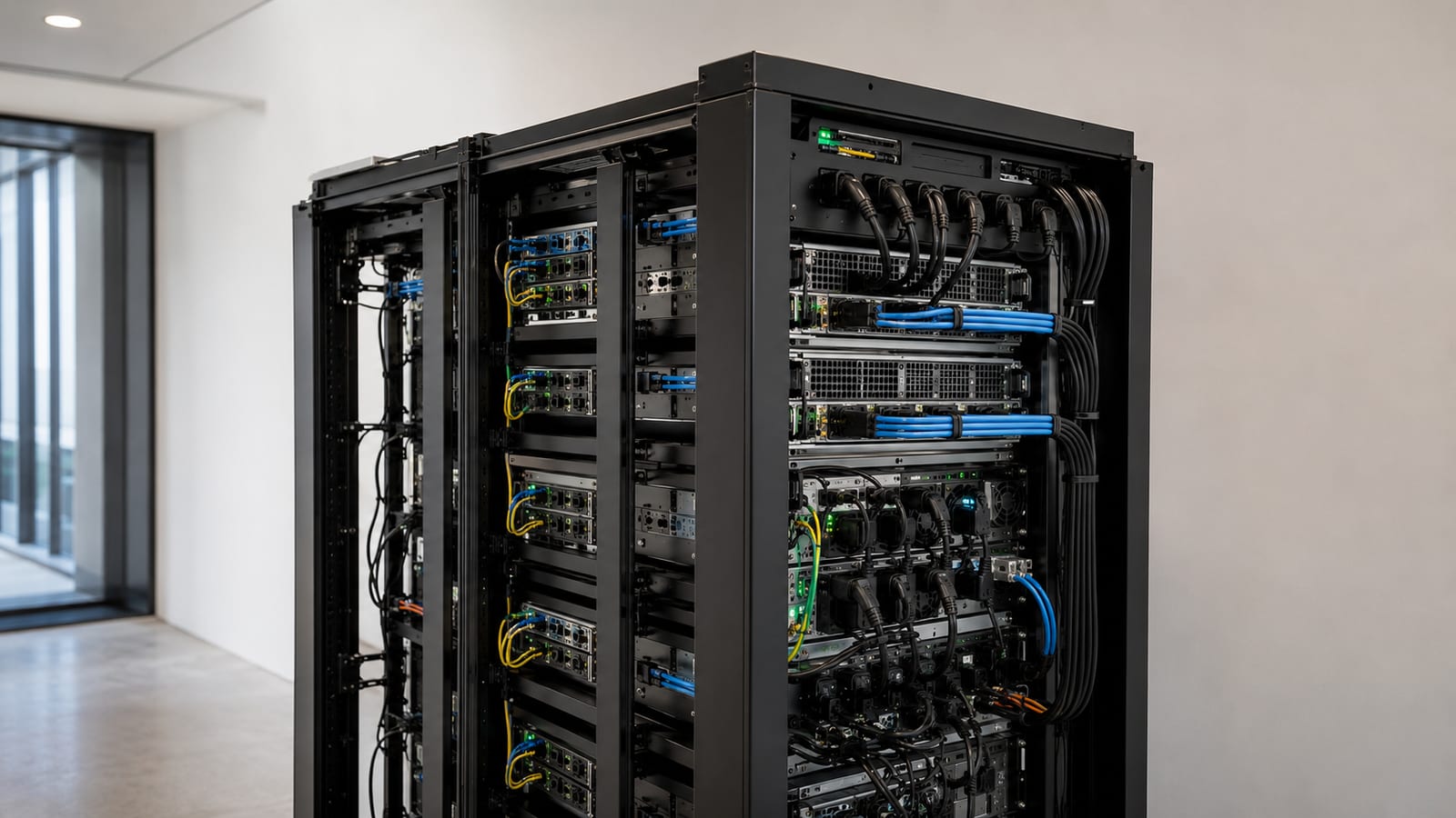 Rear server rack view showing airflow gaps power distribution and organized cable routing