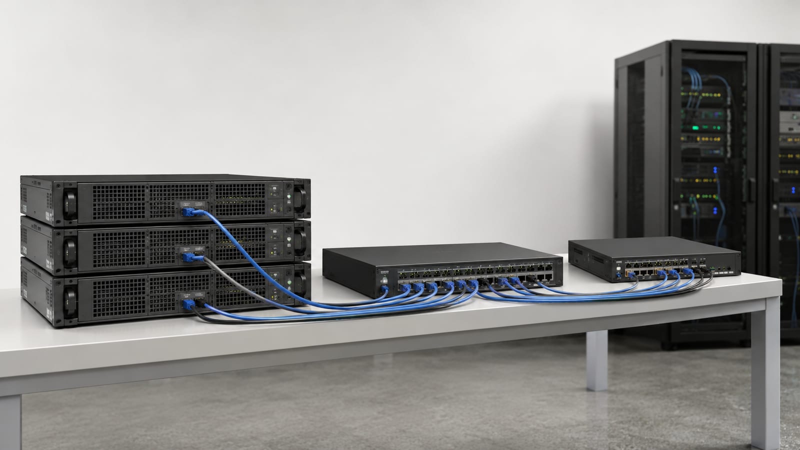 Cilium eBPF Use Cases represented by rack servers, network switches, and blue cables on a table
