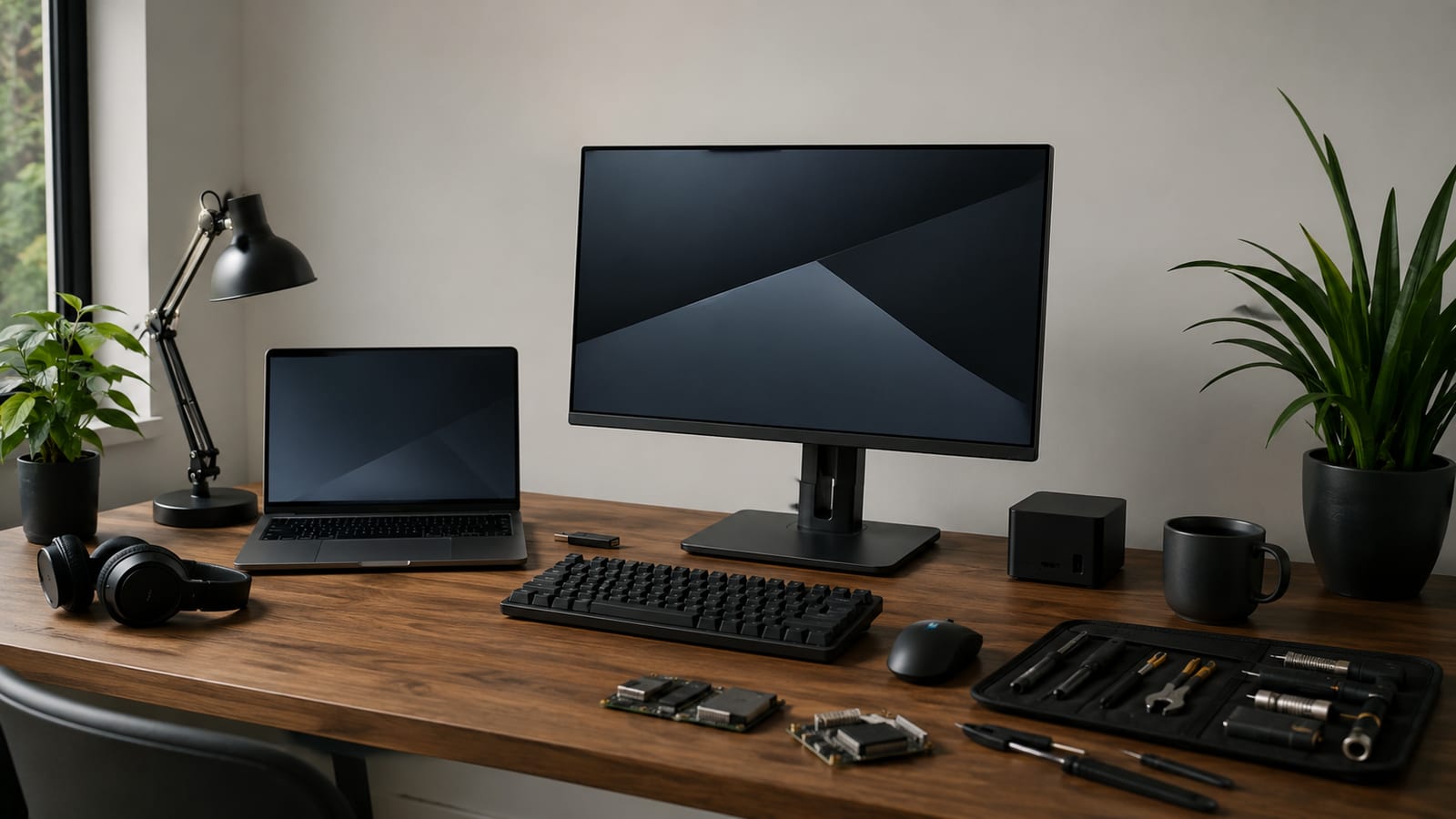 Linux development workspace with laptop, external display, and programming tools