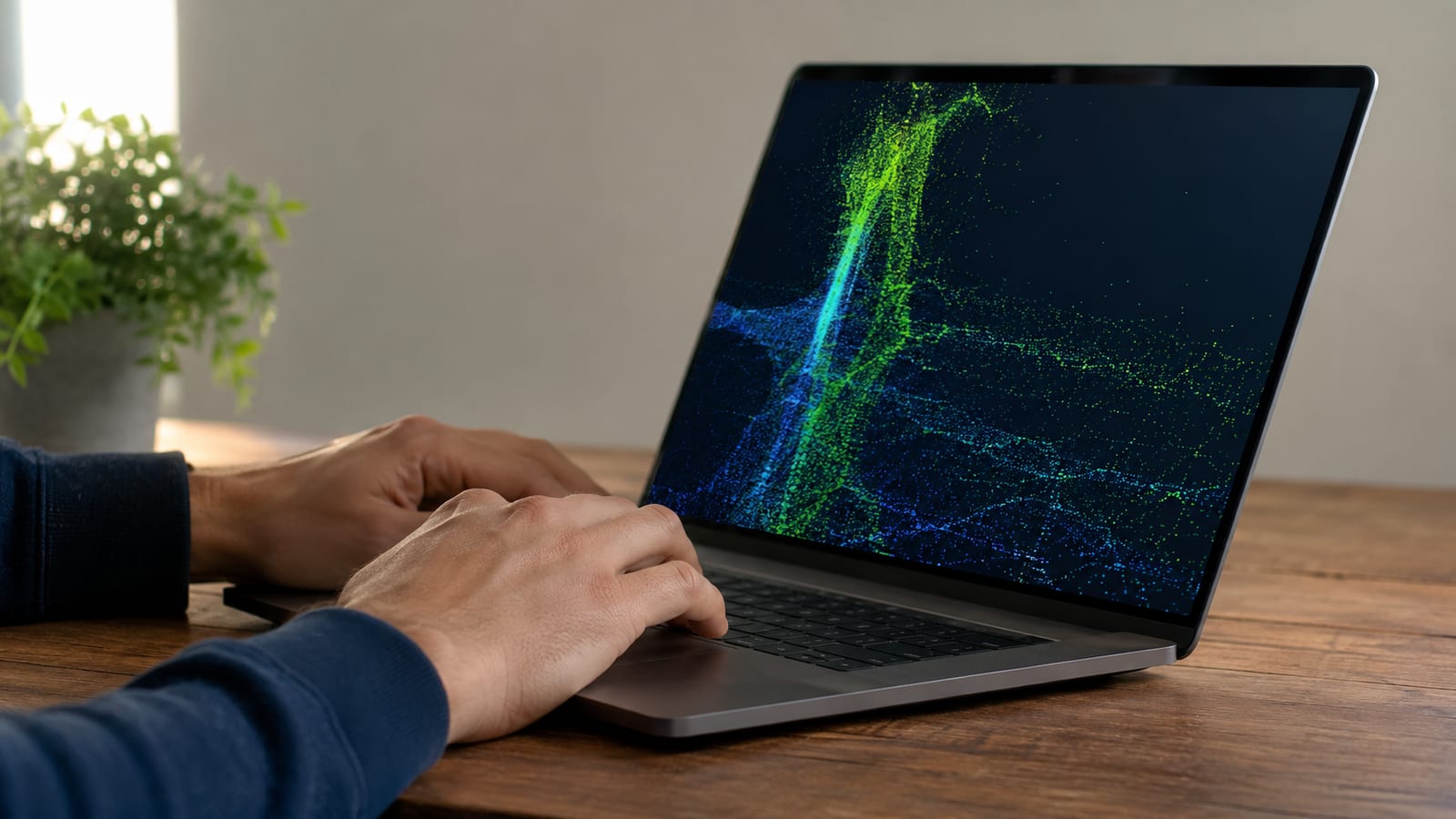 Developer typing at laptop with terminal showing active compilation or data processing