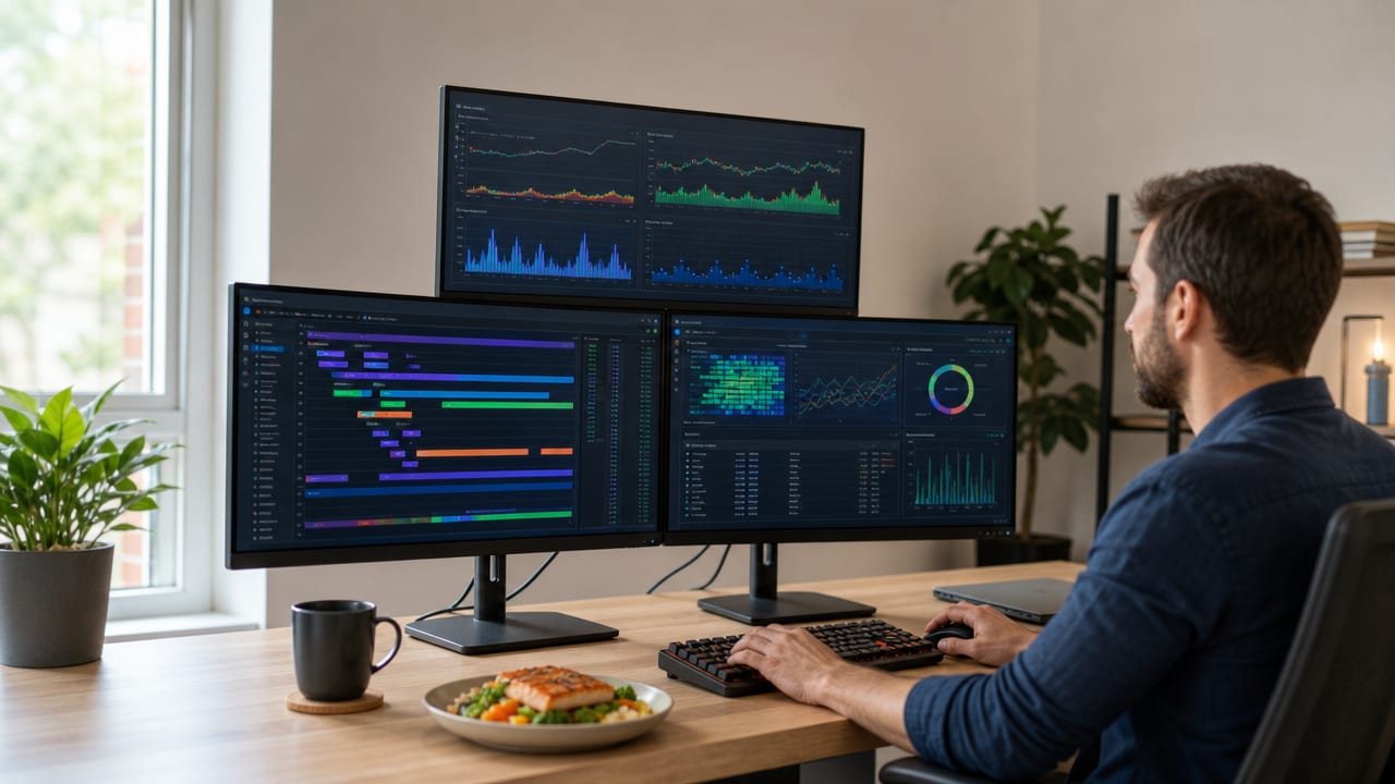 Man at multi-monitor desk with dashboards, coffee mug, and plated salmon meal beside him