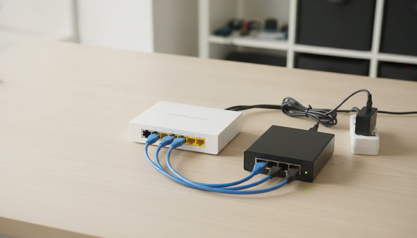 Capture Packets in OpenWRT with eBPF, shown with connected network devices and cables on a desk