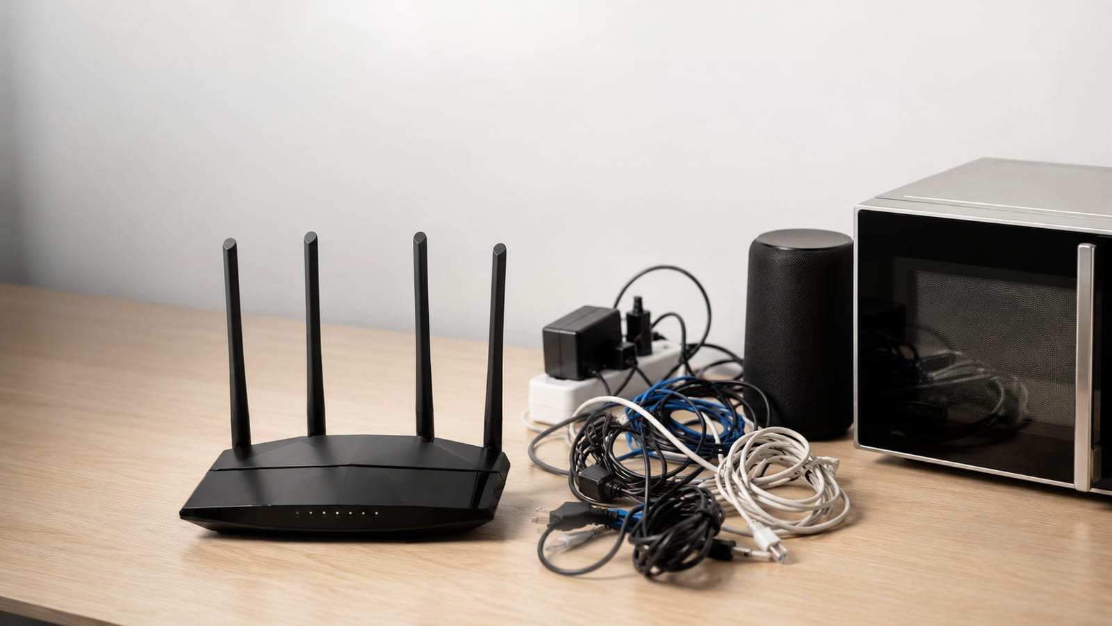 Capture Packets in OpenWRT with eBPF beside a Wi-Fi router, tangled cables, speaker, and microwave
