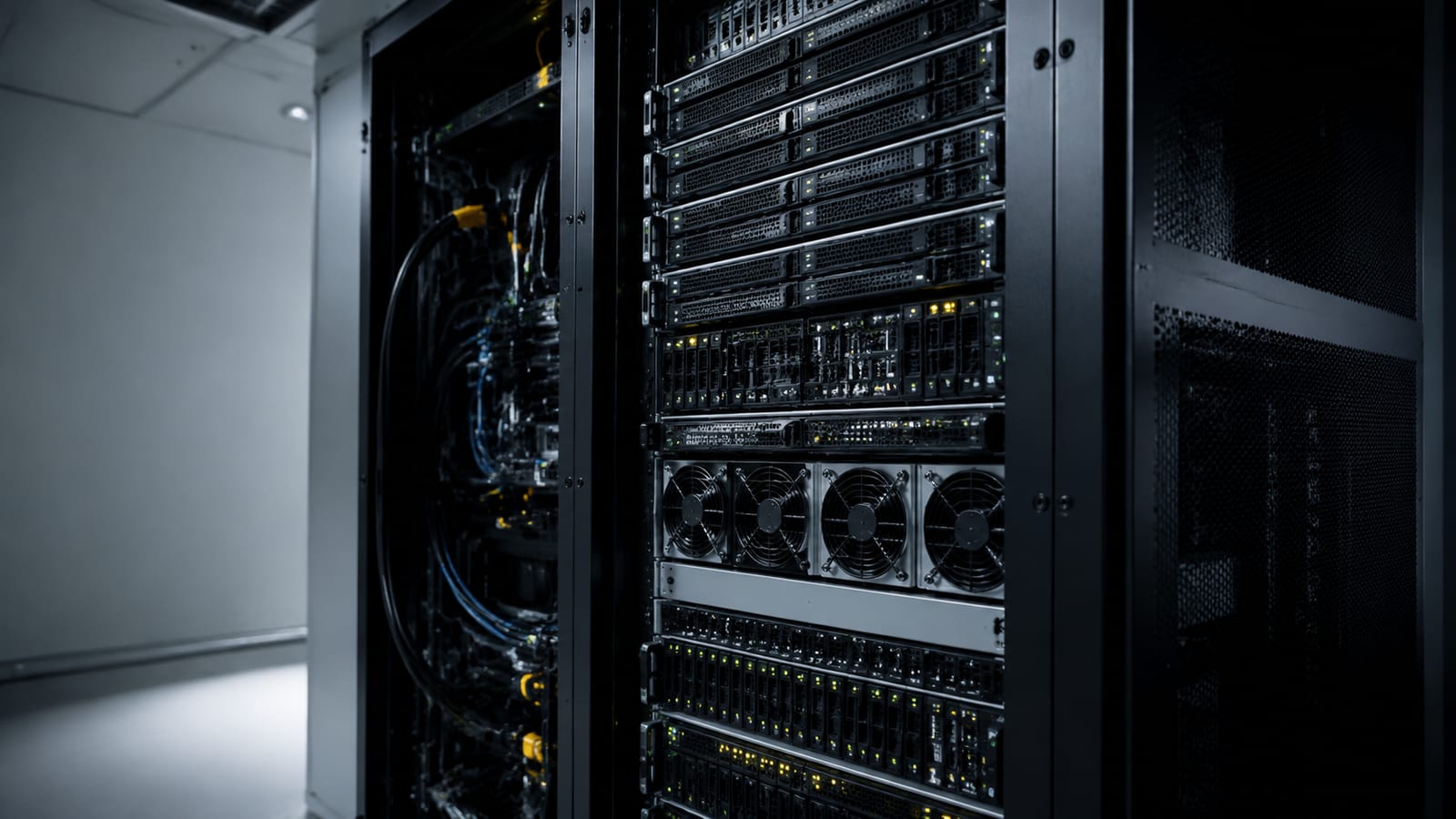 Server hardware with processors and cooling systems in active operation