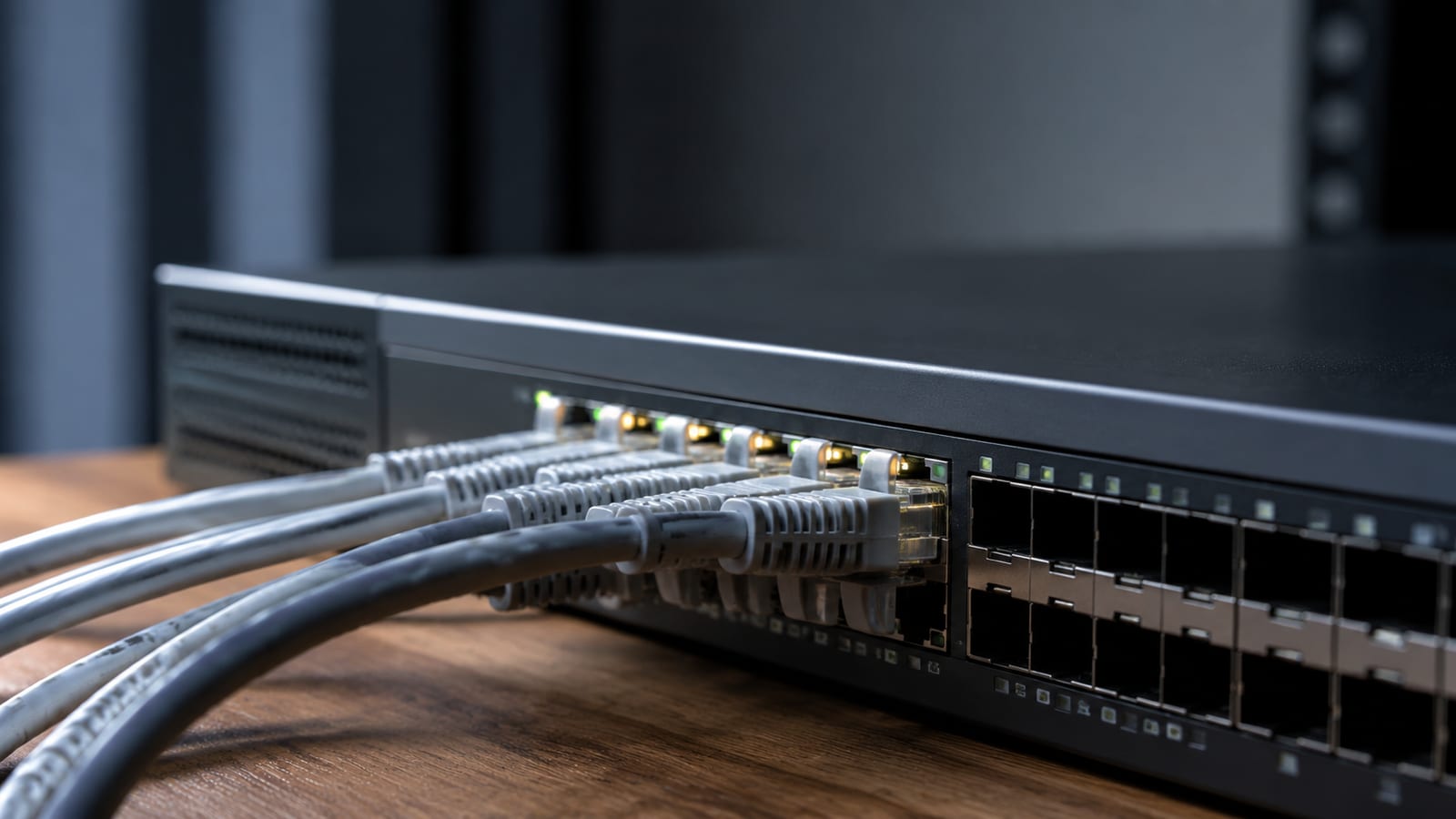 Network switch with ethernet cables connected, showing physical networking infrastructure