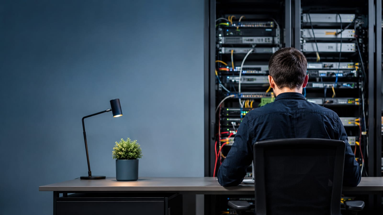 System administrator working on network configuration with server equipment visible in background