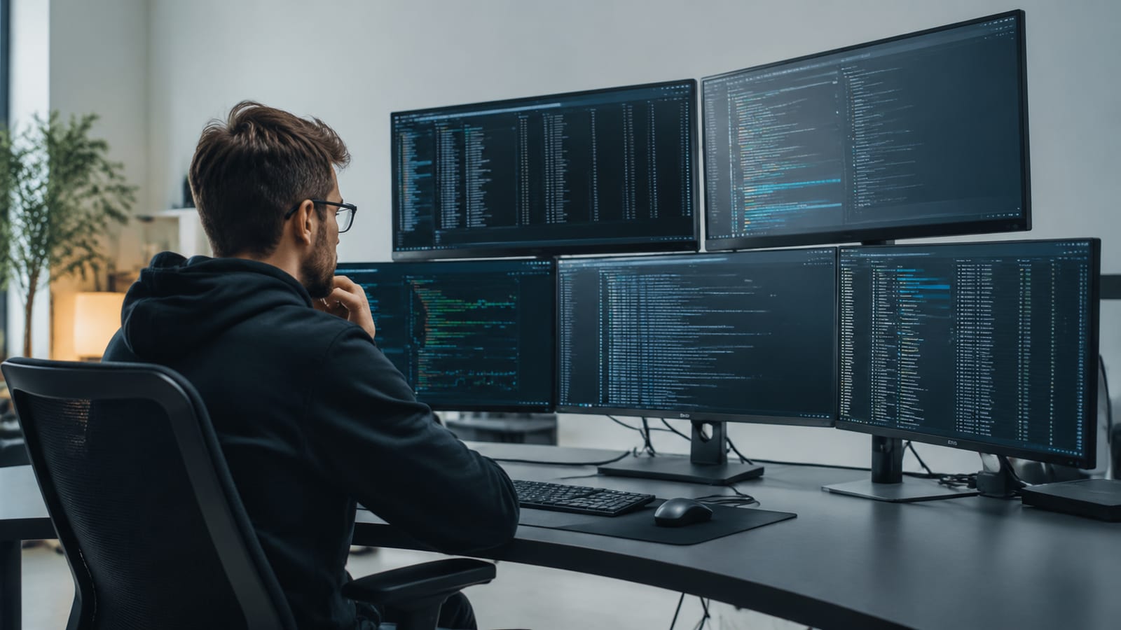 Person at desk with multiple monitors showing system logs and debugging tools
