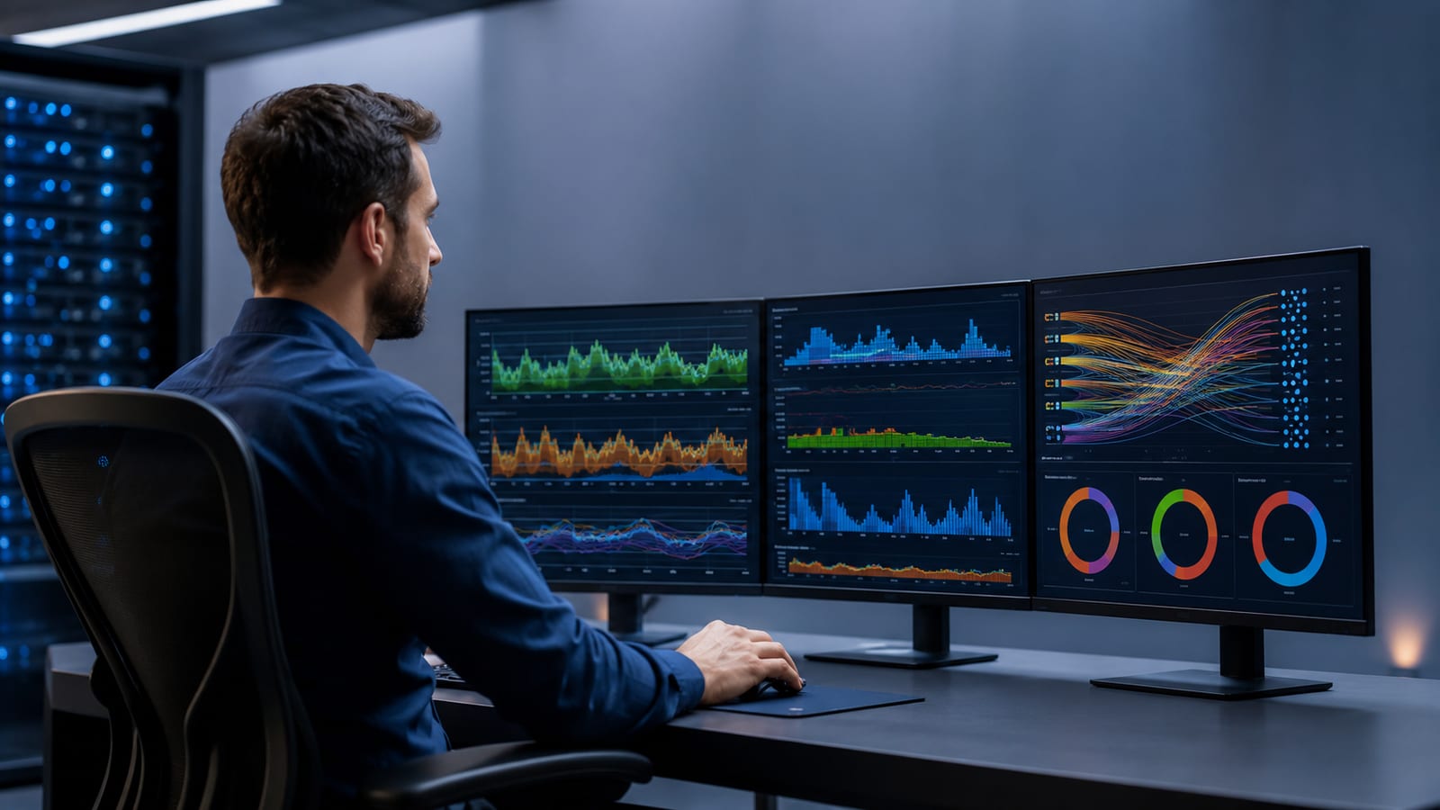 Administrator monitoring real-time network metrics and throughput graphs on multi-panel dashboard