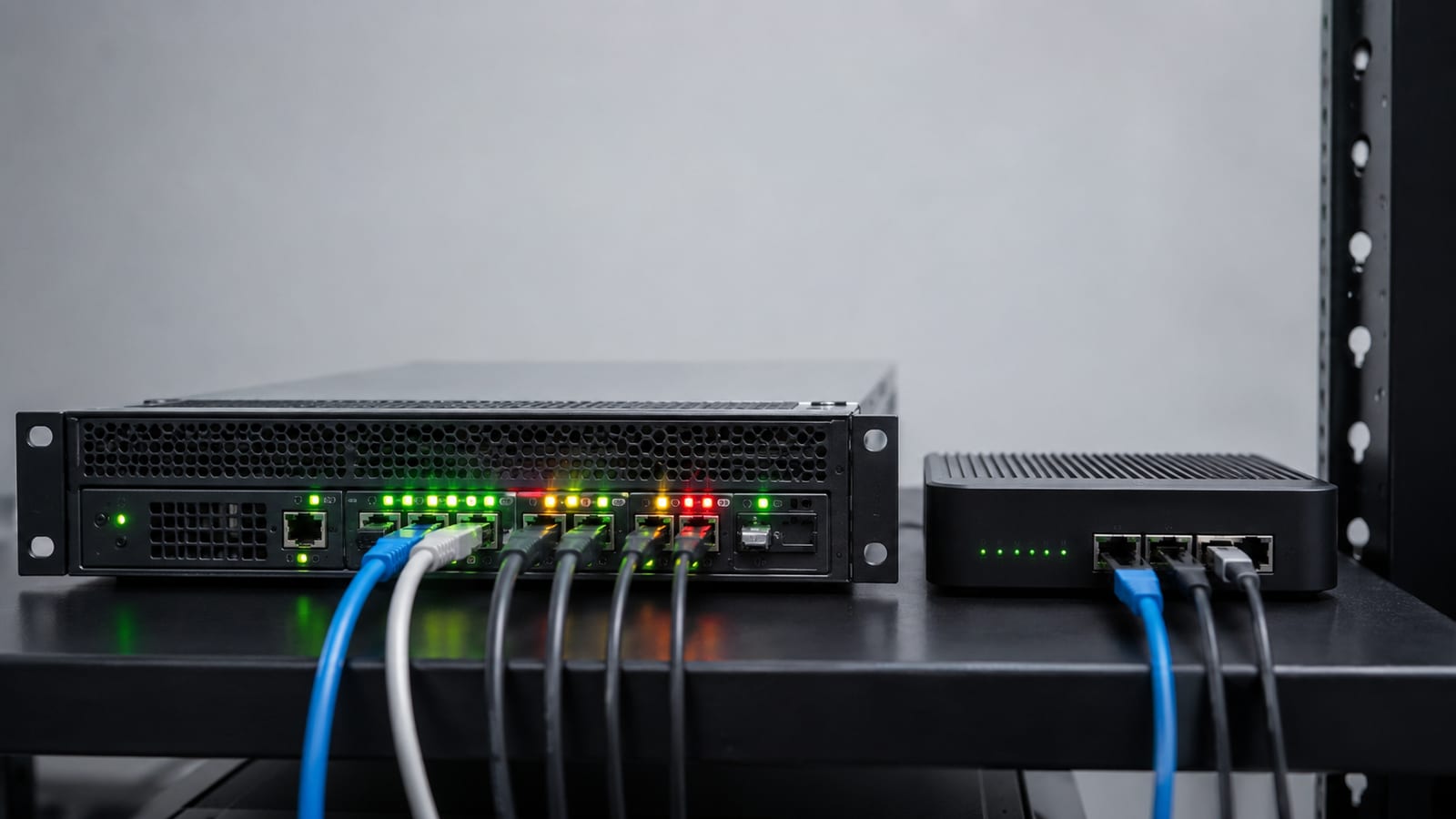 Monitor VPN Connections with eBPF, rack server and network device with Ethernet cables on a shelf