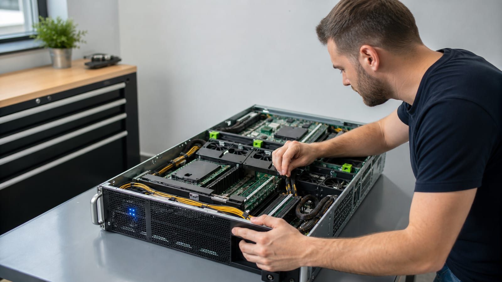Technician examining an open server chassis, kernel hardware components, cables, and illuminated diagnostic lights