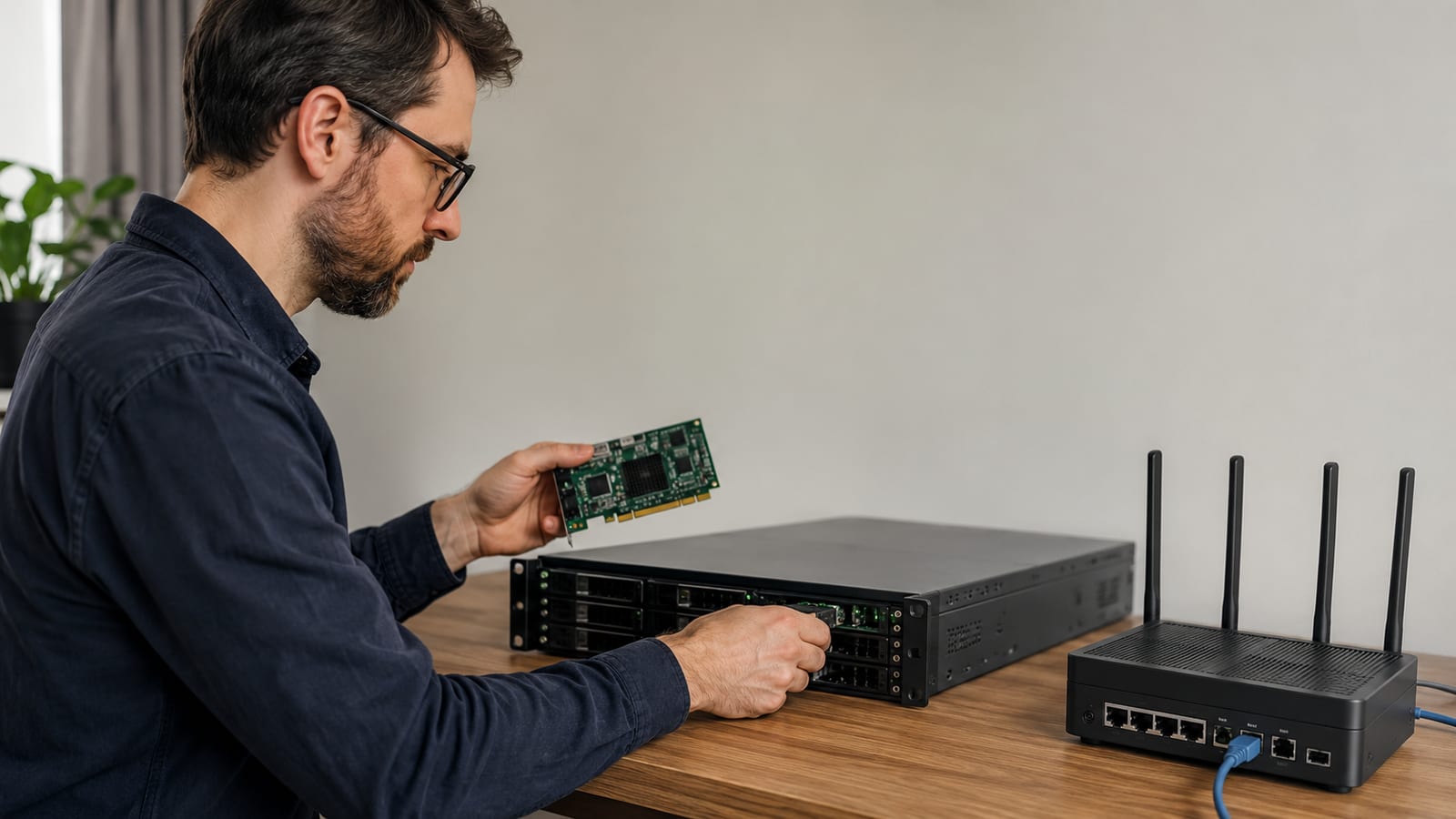Engineer beside rack server and compact router hardware representing separate BPF loader components