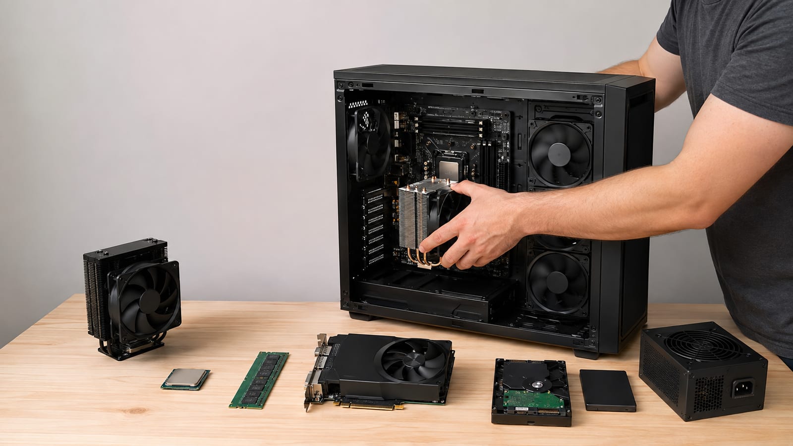 Hands assembling Linux workstation hardware for compiling and testing a BPF object