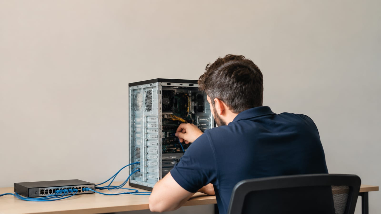 Administrator configuring a Linux server network bridge beside connected Ethernet hardware