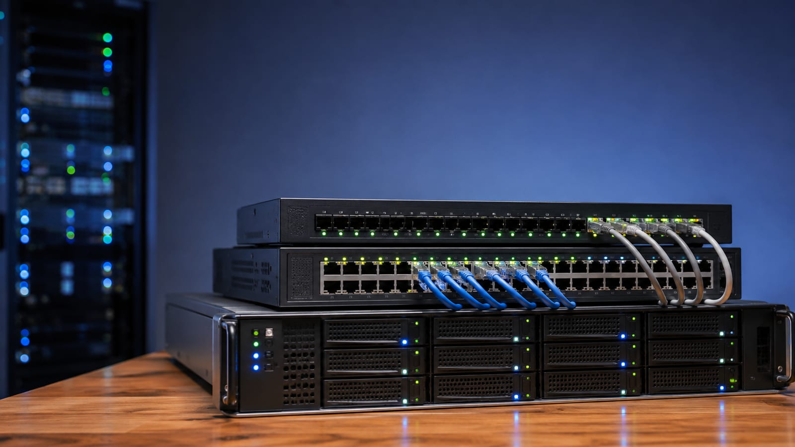 Linux bridge hardware showing active Ethernet links across server and switch connections