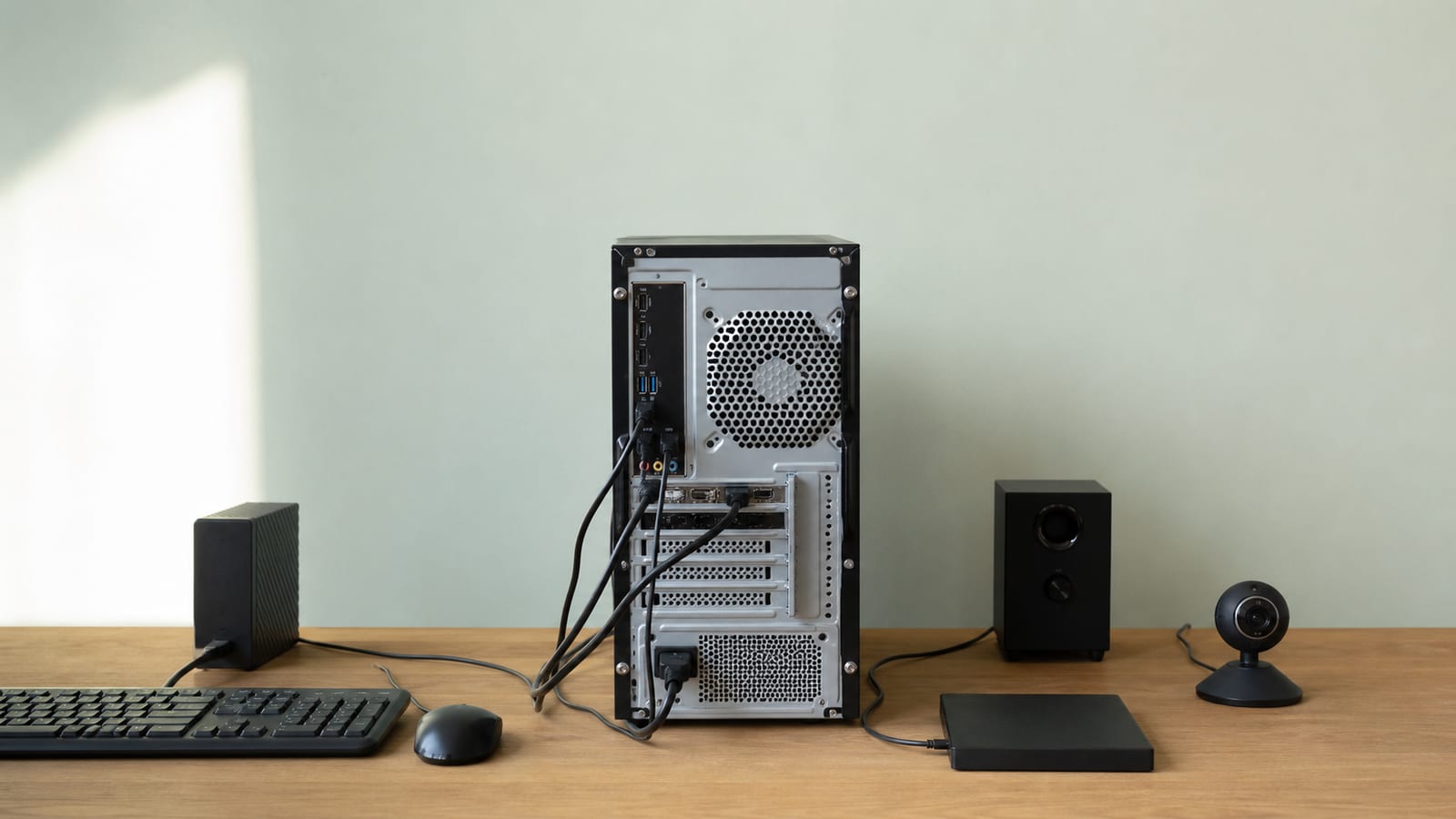 Rear computer ports connected to varied USB peripherals and cables on a clean workbench, without screens