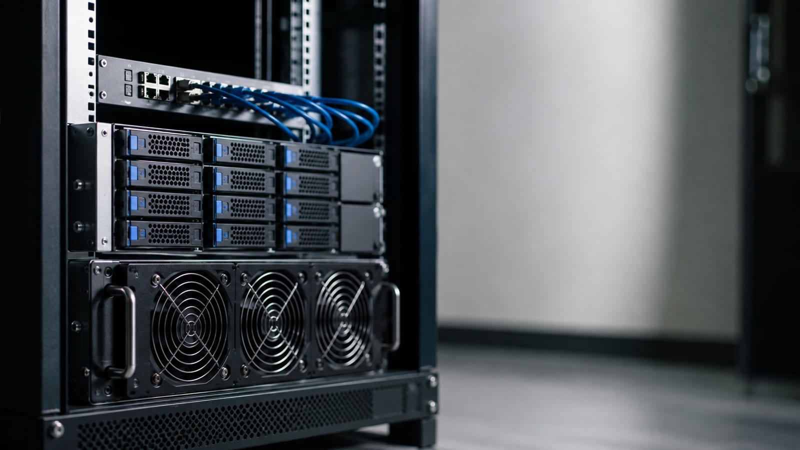 Close-up of Linux build server hardware and neatly separated network cables in a server room