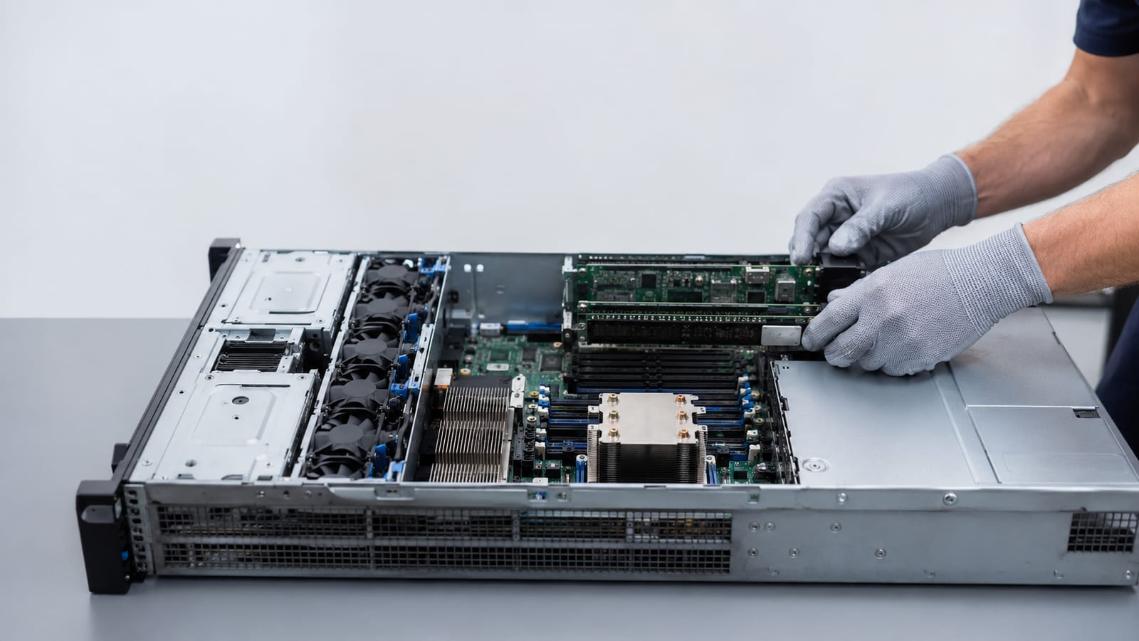 Open Linux server chassis showing processor, memory, expansion cards, and cooling components during maintenance