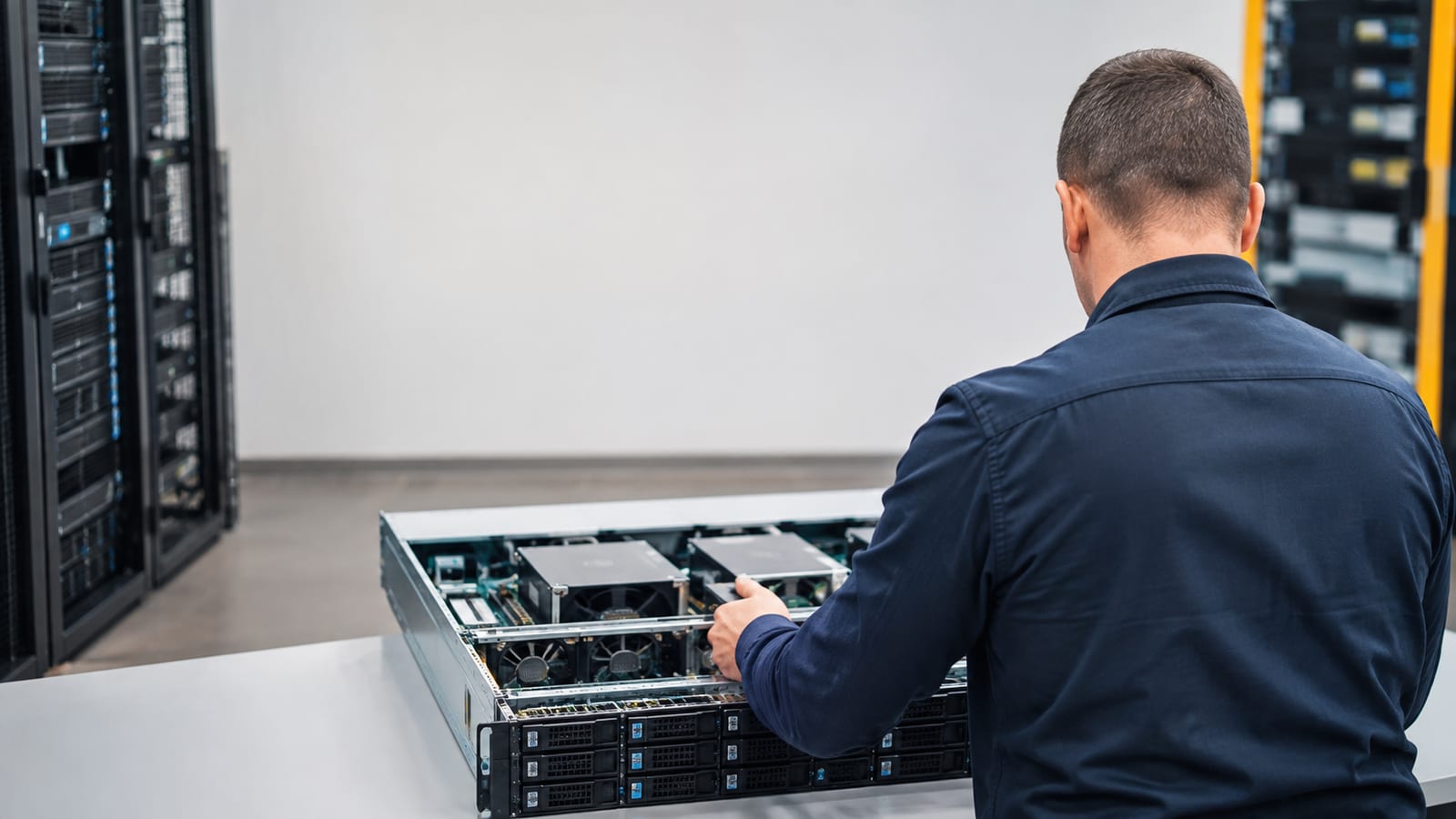 System programmer beside server chassis illustrating safe exec handoff after vfork without visible screens