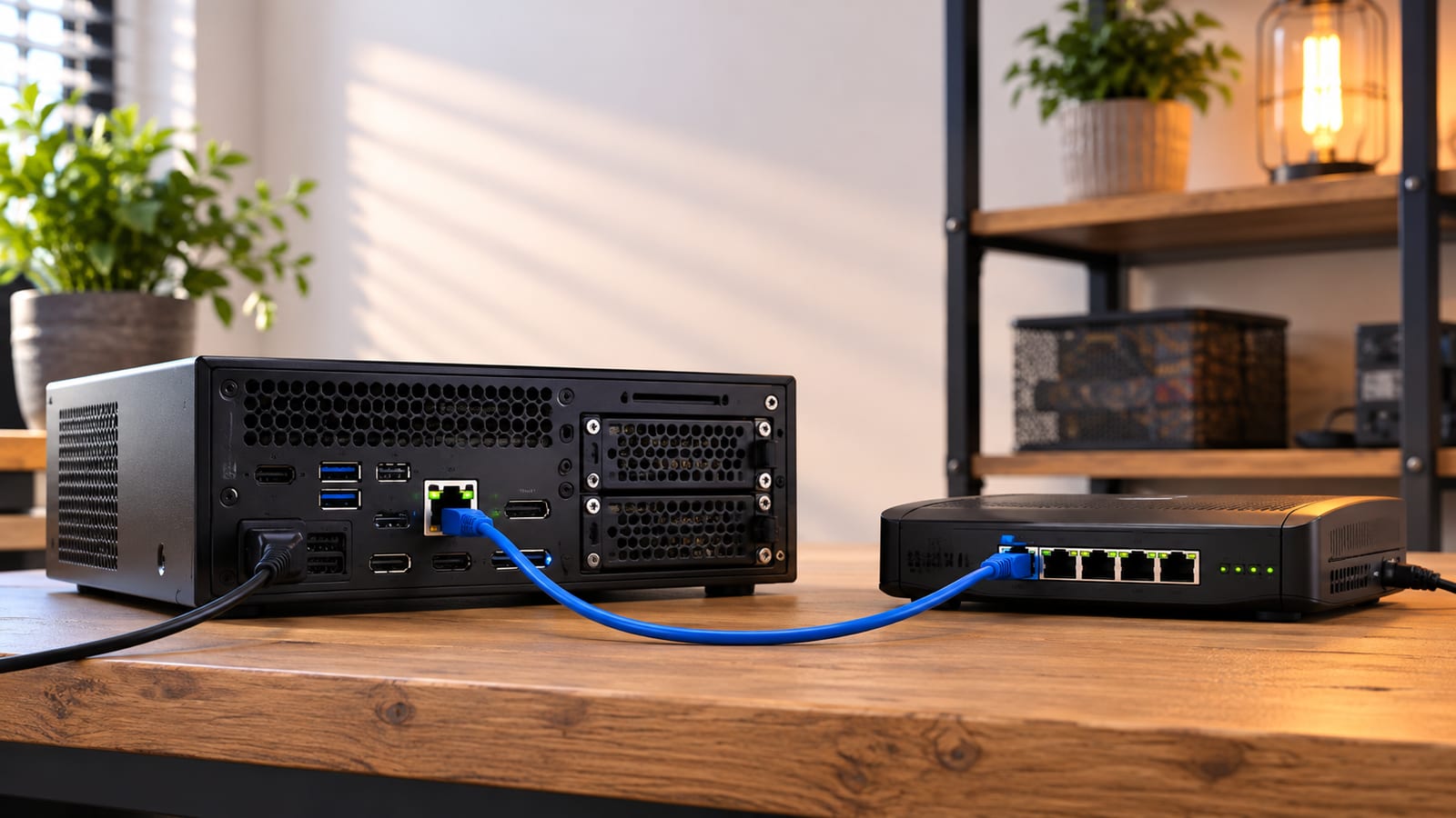 Linux server and compact router connected by Ethernet cables during WireGuard installation