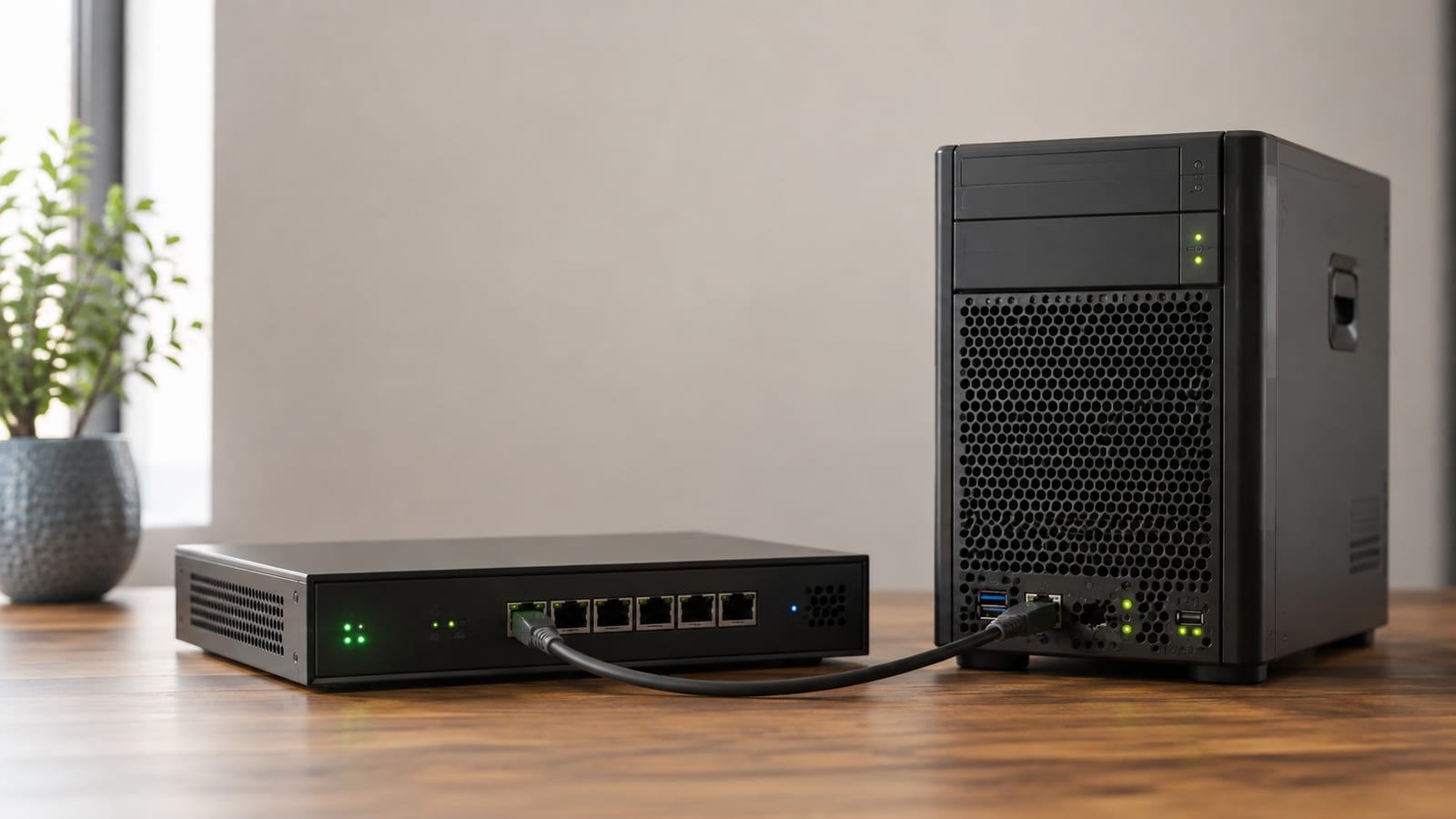 Firewall appliance and Linux server linked by Ethernet cables in a tidy network cabinet