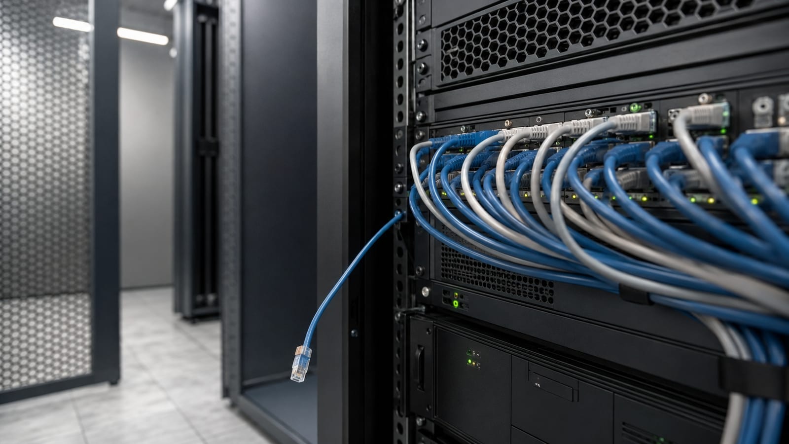 Linux server rack with separated Ethernet connection, representing traffic failure after handshake
